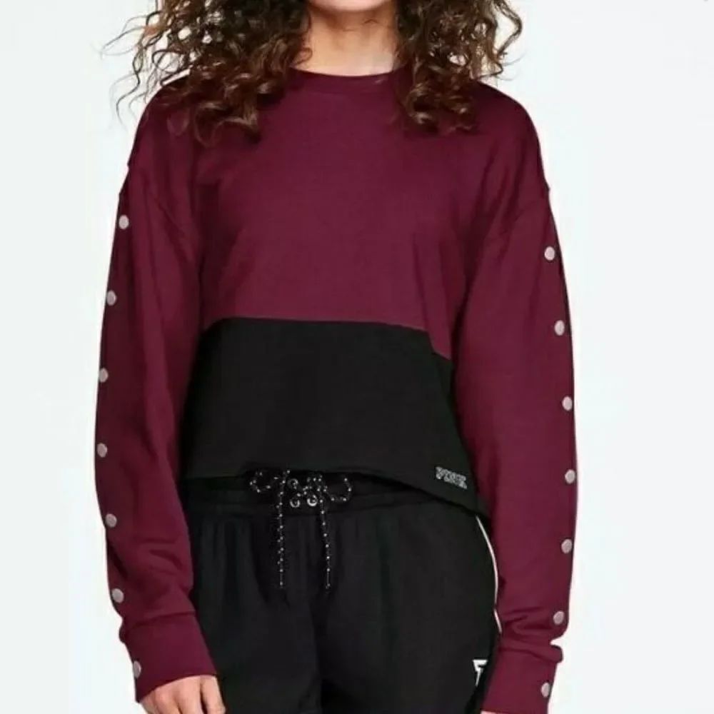 Victoria’s Secret Pink crop top Snap Sleeves Pullover Sweatshirt Burgundy black